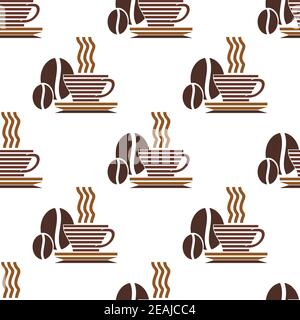 Repeat pattern of a striped cup of steaming hot coffee and coffee beans in brown and white in square format Stock Vector