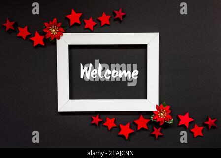 Frame, Red Winter Rose, Star, Text Welcome Stock Photo