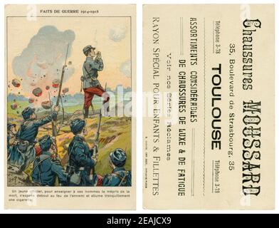 French historical advertising chromolithographic postcard: An officer despite the shelling by the enemy lights a cigarette, standing full-length, 1914 Stock Photo