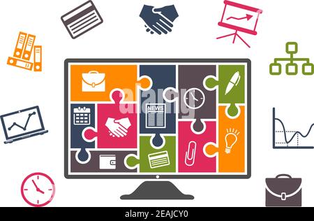 Business infographics with colorful icons of computer, chart, card, handshake, clock, briefcase, files and computer or tv monitor with puzzles Stock Vector