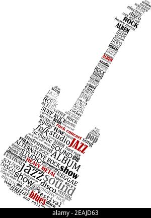 Electric guitar shape composed of text relating to music, jazz and audio for musical design Stock Vector