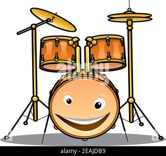 Set of drums and cymbals for a band with a happy smiling drum in the foreground, cartoon illustration isolated on white Stock Vector