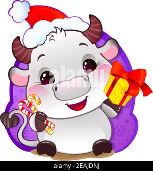 White Metal Ox in Santa's Hat, with Gift Box - Symbol of Chinese Horoscope for New Year Stock Photo