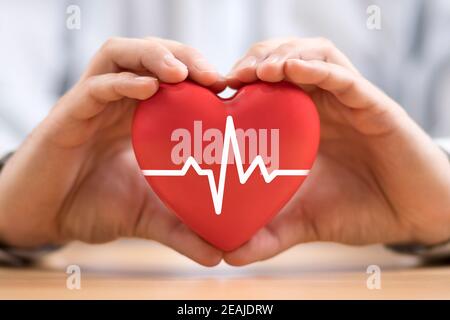 Heart pulse covered by hands. Health insurance concept Stock Photo - Alamy