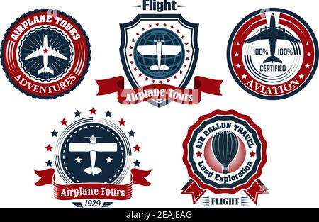 Set of retro aeroplane tours, aviation and air balloon travel emblem, logo, label with airplane, hot air balloon and text on banner ribbon or frame in Stock Vector