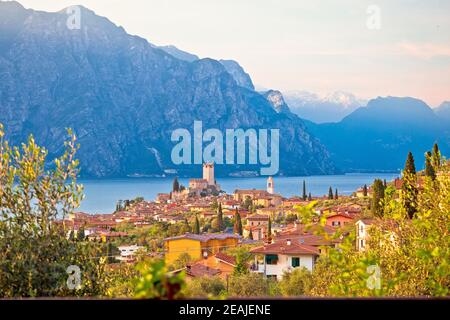 Town of Malcesine on Lago di Garda historic skyline view Stock Photo