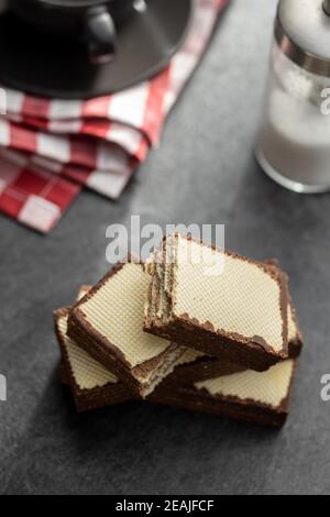 Crispy wafer biscuits filled with chocolate cream. Stock Photo
