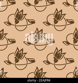 Vintage square endless repeated design with brown buds of peony on light brown background Stock Vector
