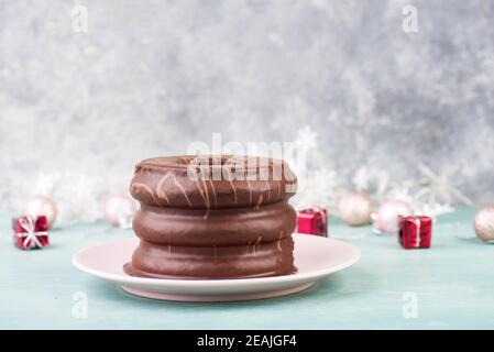 Traditional german christmas chocolate cake called Baumkuchen, winter season sweets Stock Photo