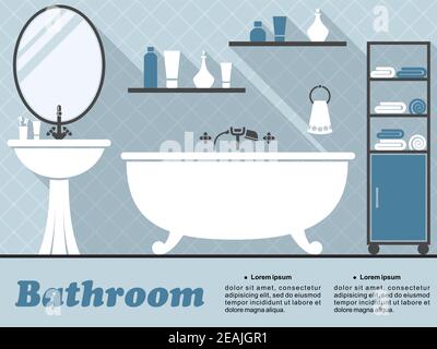 Infographic of bathroom interior with bath, mirror, wash basin, shelf and accessories with long shadow in blue and white colors Stock Vector