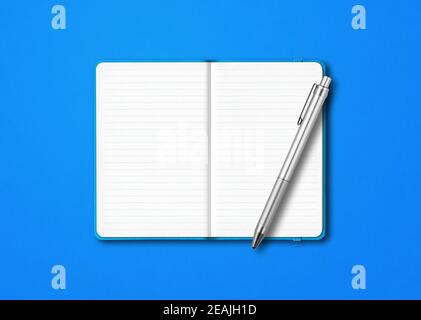 Cyan open notebook with a pen isolated on blue background Stock Photo