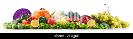 Composition with fresh vegetables and fruits isolated on white Stock Photo