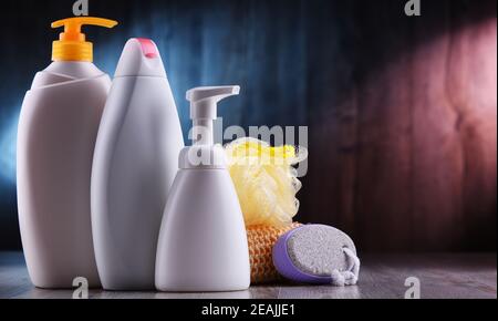 Plastic contaiers of shampoos and shower gels Stock Photo