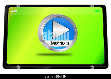 Tablet computer with blue Livestream Button on green desktop - 3D illustration Stock Photo