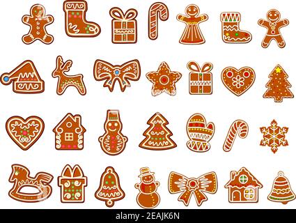 Big Christmas cookies collection with gingerbread figures of snowmans, gift boxes and sock, gingerbread men, stars decorated curlicues of colored glaz Stock Vector