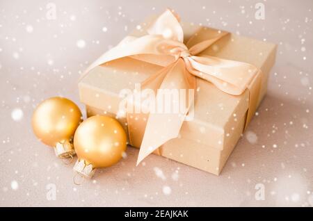 Christmas luxurious gift box with christmas balls. Elegant Christmas background. Stock Photo