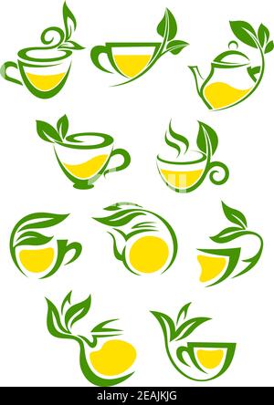 Set of stylised icons of green branch with leafs as cup with herbal or green tea with lemon for tea shop and cafe menu design Stock Vector
