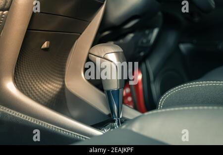 Gray Automatic Gear Handle in Car Interior in Vintage Tone Stock Photo