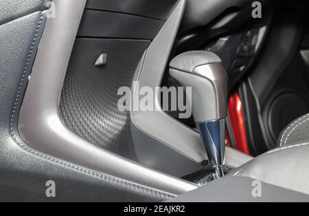Gray Automatic Gear Handle in Car Interior on Right Frame Stock Photo