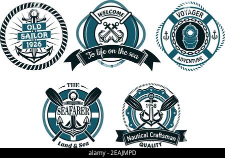 Nautical set in retro design of dark blue circle emblems with anchors, diving helmet, ropes, paddles framed lifebuoys isolated on white background Stock Vector