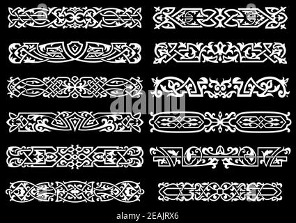 White floral celtic ornament borders on black background for tattoo or interior design Stock Vector