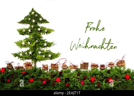 Tree, Silver And Red Stars, Fir Branch, Frohe Weihnachten Means Merry Christmas Stock Photo