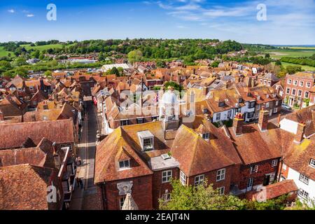 Aerial view of picturesque Rye town, a popular travel destination in East Sussex, England, UK, as seen from the Saint Mary parish church bell tower Stock Photo