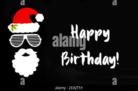 Santa Claus Paper Mask, Black Background, Text Happy Birthday Stock Photo