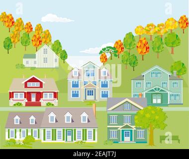 Small town in the mountains, landscape - illustration, Stock Photo