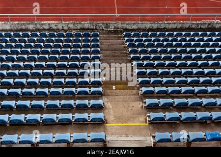 empty auditorium in athletic stadium, rows of blue chairs Stock Photo