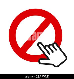 Hand as computer mouse curson is clicking on symbol of Do Not Enter. Entrance into fobidden and banned place. Vector illustration isolated on white. Stock Photo