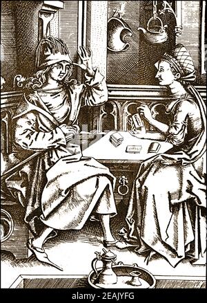 A scene showing a medieval man having his fortune told by a tarot reader. Stock Photo