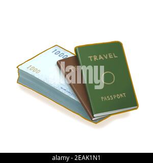 Travel passport, a digital painting of green and brown passport books with pocket money for foreign traveler isometric cartoon icon raster 3D illustra Stock Photo