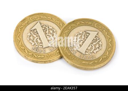 Turkish lira coins on white background Stock Photo