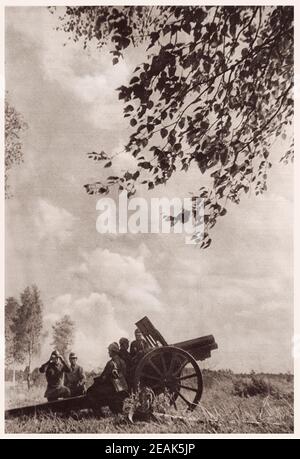 Red Army. From soviet propaganda book of 1937. Red Army artillery is able to perform any combat tasks assigned to it. Stock Photo