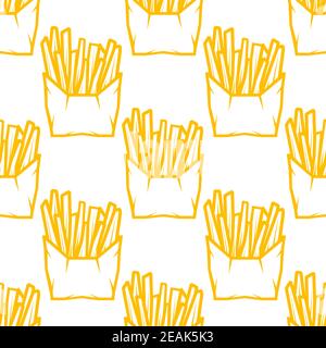 Seamless pattern of boxes of takeaway French fries in a golden outline in square format Stock Vector