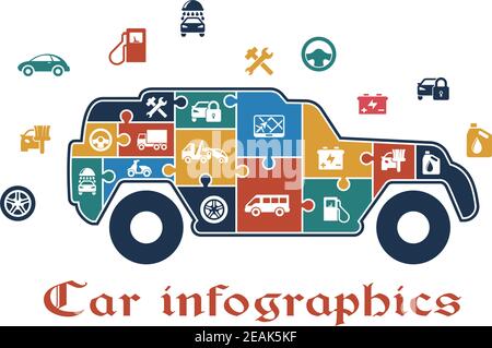 Colorful puzzle car infographic with the shape of an SUV filled with icons depicting fuel, tools, wheel, travel, battery, oil, security, sedan, pump a Stock Vector