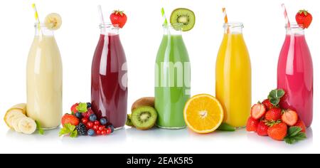 Collection of fruit juice juices drink drinks beverage bottles isolated on white Stock Photo