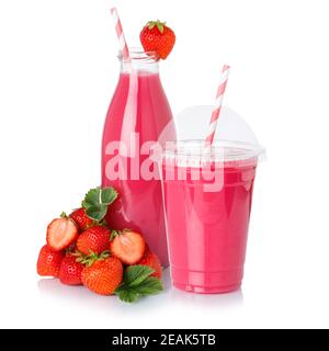 Fruit juice drink strawberry smoothie straw strawberries in a bottle and cup isolated Stock Photo