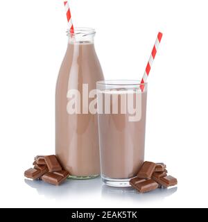 Chocolate milk shake milkshake glass bottle straw isolated on white Stock Photo