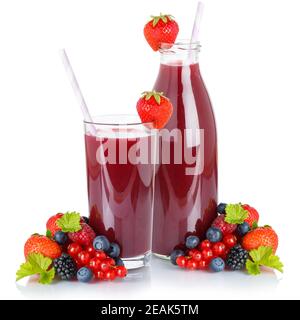 Berry smoothie fresh fruits fruit juice drink berries in a glass bottle isolated on white Stock Photo