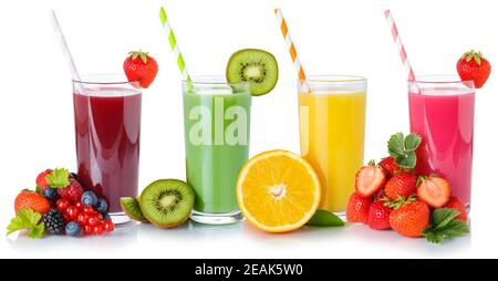 Fruit juice collection smoothie smoothies drink drinks straw fruits glass isolated Stock Photo