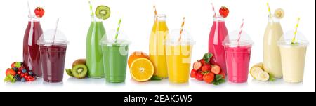 Collection of drinks drink beverages smoothie smoothies fruits fruit juice isolated on white Stock Photo