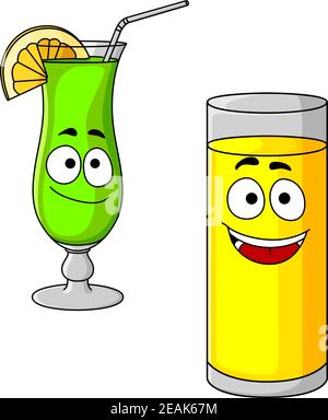 Happy cartoon glasses of fresh fruit juice with a tall glass of orange juice with a smiley face and an elegant glass of green cocktail with lemon Stock Vector