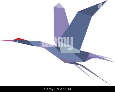 Elegant origami flying crane or heron in shades of blue with outstretched wings, isolated on white background Stock Vector