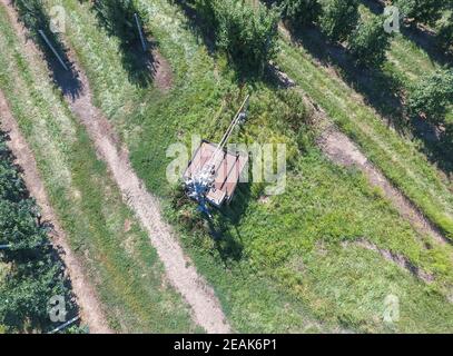 The well in the apple orchard, top view. Stock Photo