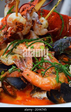 Grilled seafood platter on table Stock Photo