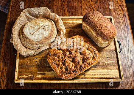 GREAT BRITAIN / England / freshly baked loaf of rye and wheat homemade sourdough bread / making artisan bread . Stock Photo