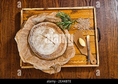 GREAT BRITAIN / England / freshly baked loaf of  homemade sourdough bread / making artisan bread . Stock Photo