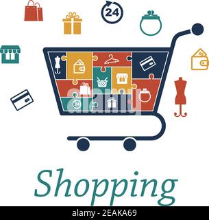 Shopping concept puzzles with a cart filled with icons depicting a bank card, store, bags, gift, 24 hour, purse, wallet, mannequin, basket and hanger Stock Vector